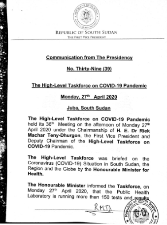 Read more about the article The High-Level Taskforce on COVID-19 Pandemic 39 27 April 2020
