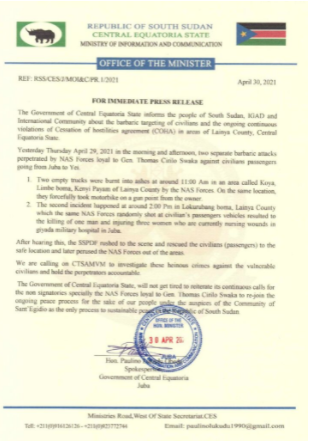 Read more about the article Attack on Vehicles along Juba – Yei Road.