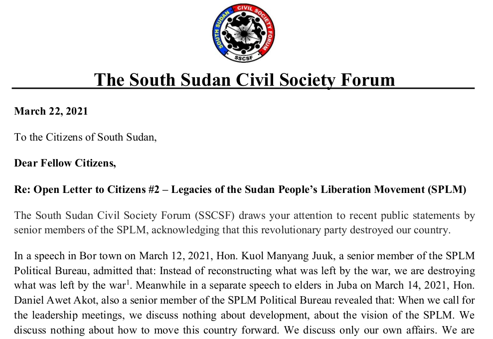 Read more about the article SSCSF Open Letter to Citizens on the Legacies of the Sudan People’s Liberation Movement (SPLM)