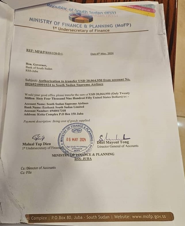 Read more about the article Ministry of Finance and Planning $20 million payment authorization to South Sudan Supreme Airlines